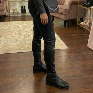 Black Faux Leather Over The Knee Boots Lace Up Back Thigh High Low Block Heel